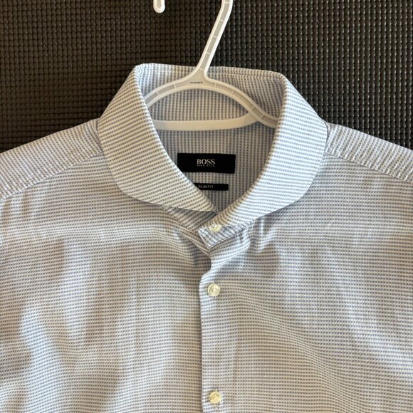 Hugo Boss Slim Fit Dress Shirt Blue Micro Stripe Canclini Fabric (41/16 M) - Picture 1 of 8